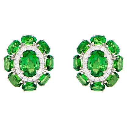 Tsavorite Stud Earrings With Diamonds 7.33 Carats 18K White Gold