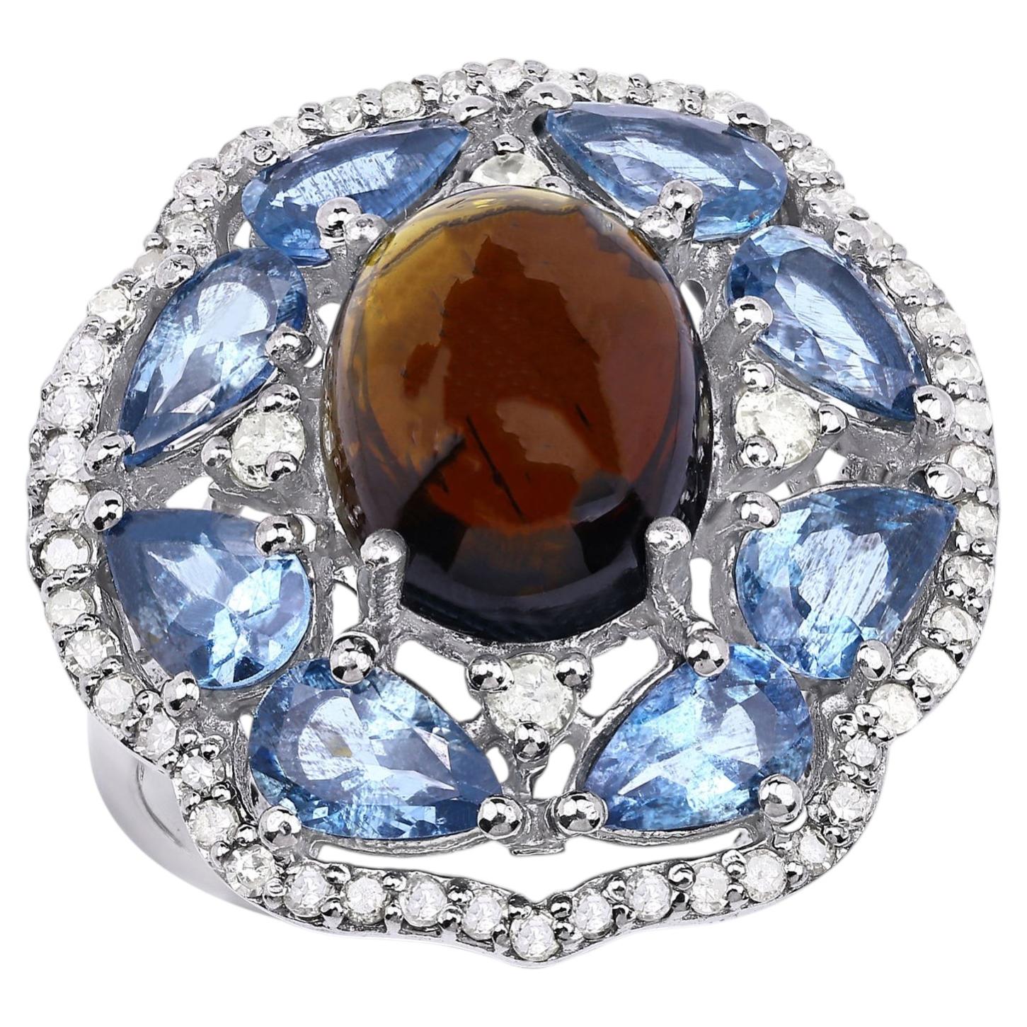 Brown Tourmaline Ring With Aquamarine 6.34 Carats Sterling Silver