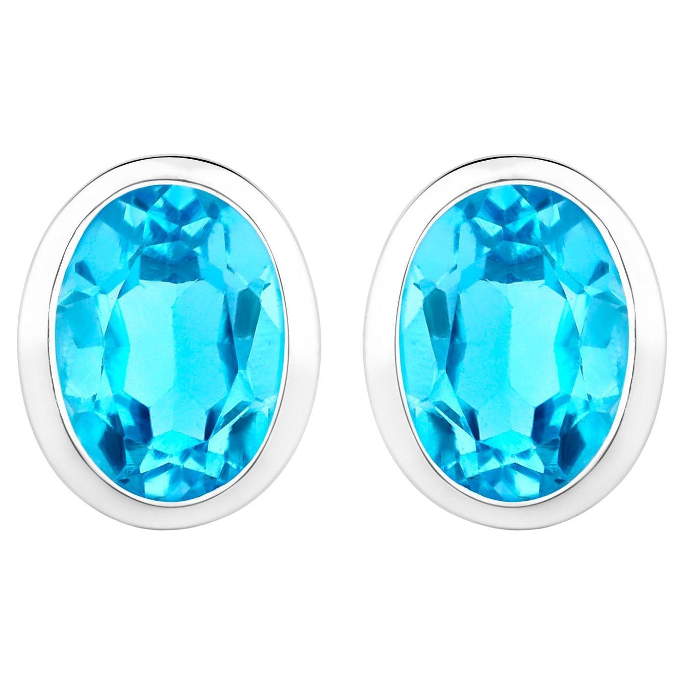 Swiss Blue Topaz Earrings 4 Carats Bezel Set Sterling Silver