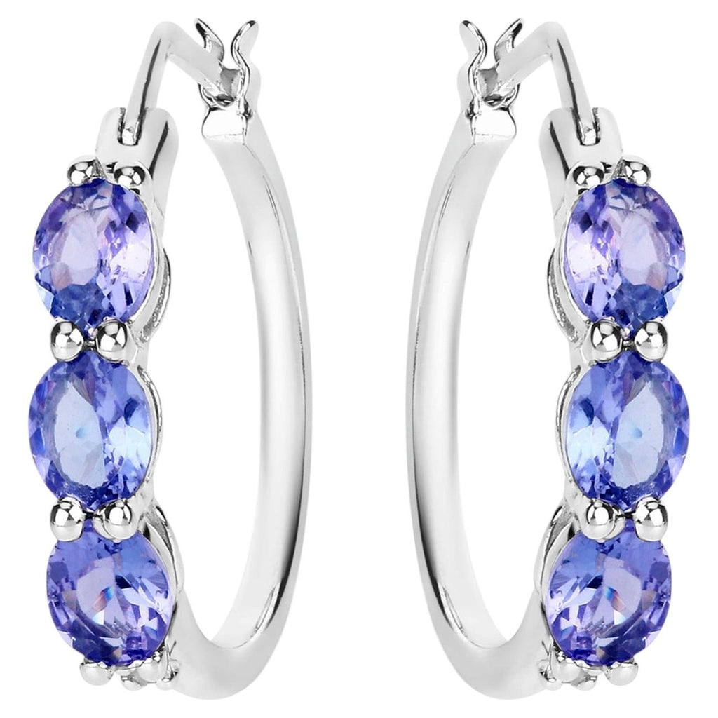 Natural Tanzanite Hoop Earrings With Diamonds 1.97 Carats Sterling Silver