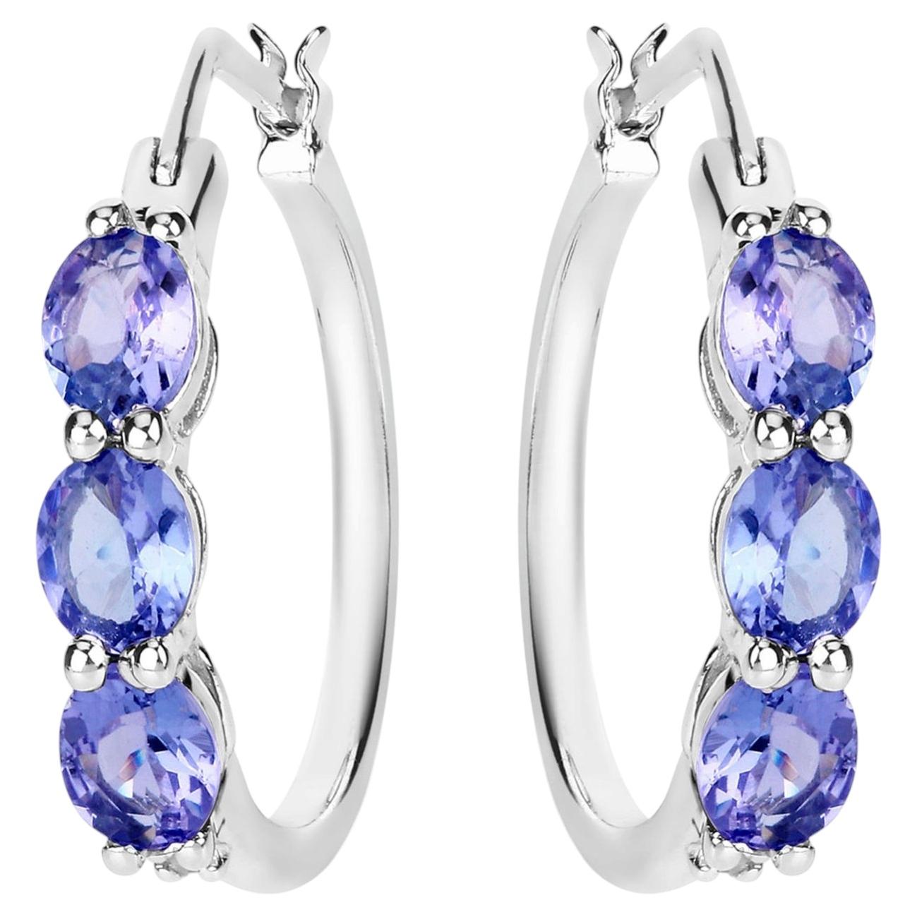 Natural Tanzanite Hoop Earrings With Diamonds 1.97 Carats Sterling Silver