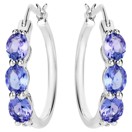Natural Tanzanite Hoop Earrings With Diamonds 1.97 Carats Sterling Silver