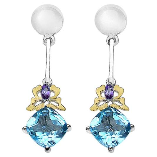 Blue Topaz Earrings With Amethyst 5.51 Carats Sterling Silver