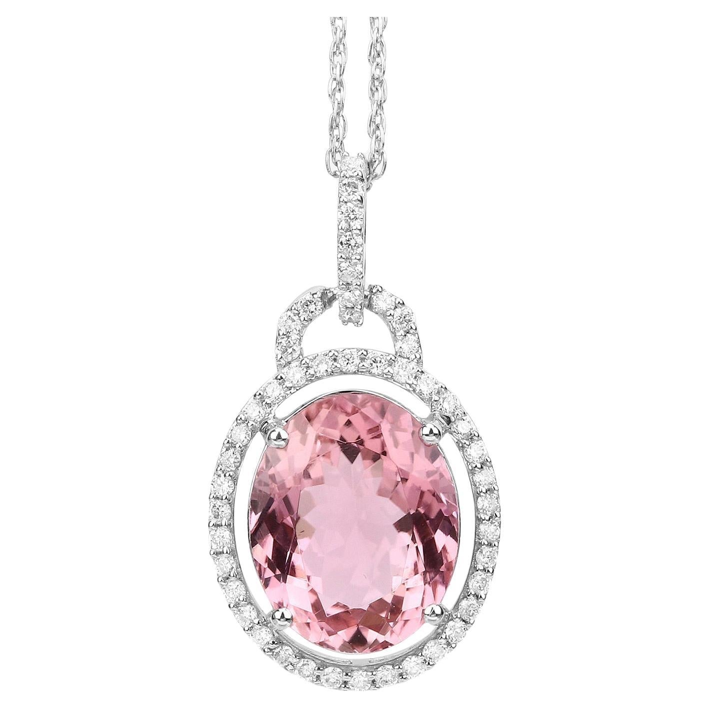 Natural Pink Tourmaline Pendant With Diamonds 3.88 Carats 14K White Gold