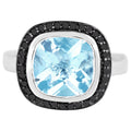 Light Blue Topaz Ring With Black Diamonds 5.2 Carats Sterling Silver
