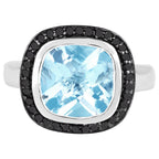 Light Blue Topaz Ring With Black Diamonds 5.2 Carats Sterling Silver