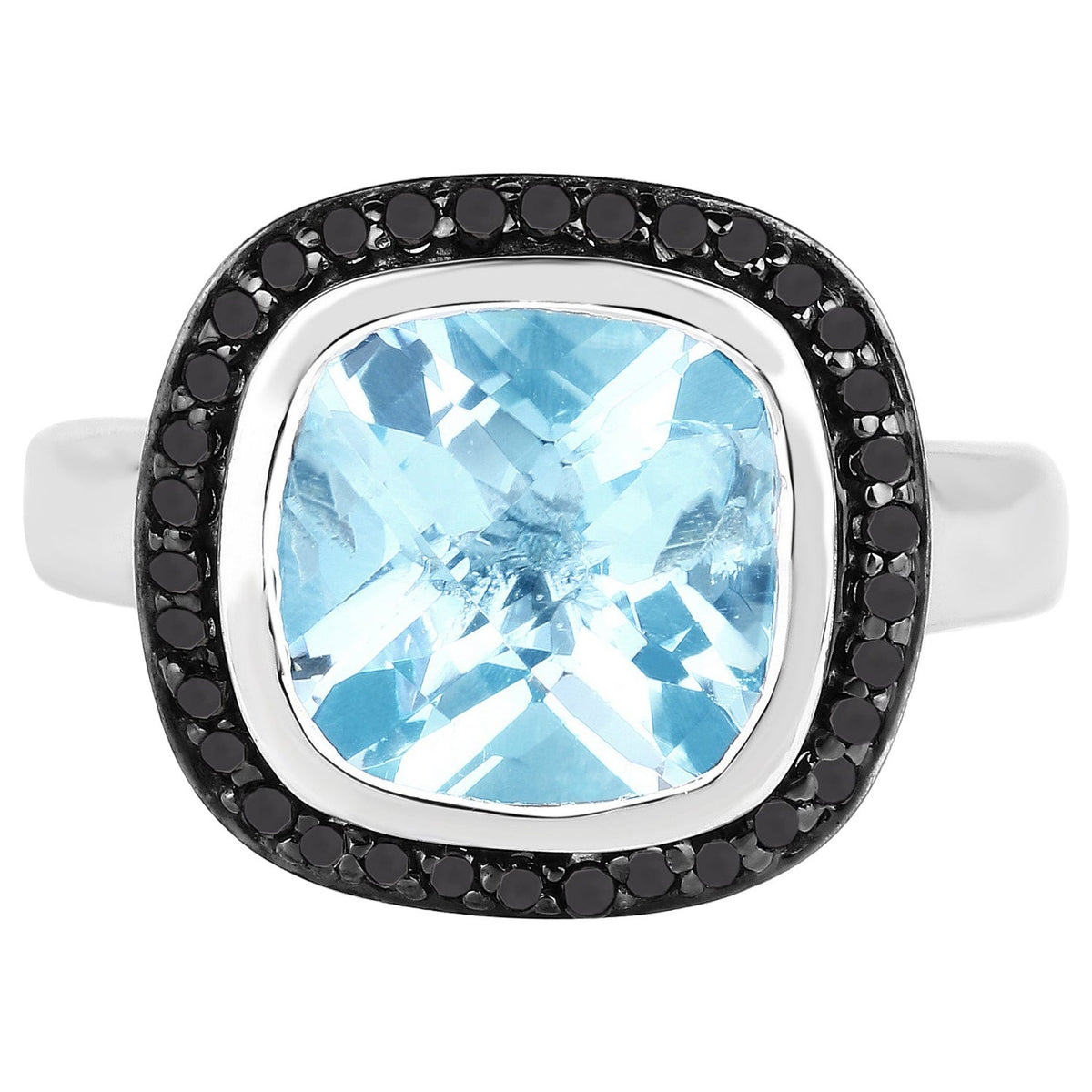 Light Blue Topaz Ring With Black Diamonds 5.2 Carats Sterling Silver