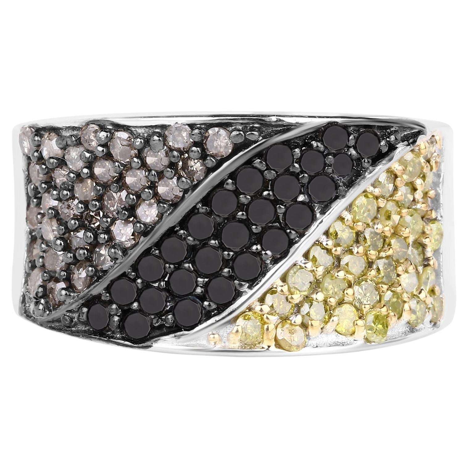 Multicolor Diamond Wave Ring 1.28 Carats Sterling Silver