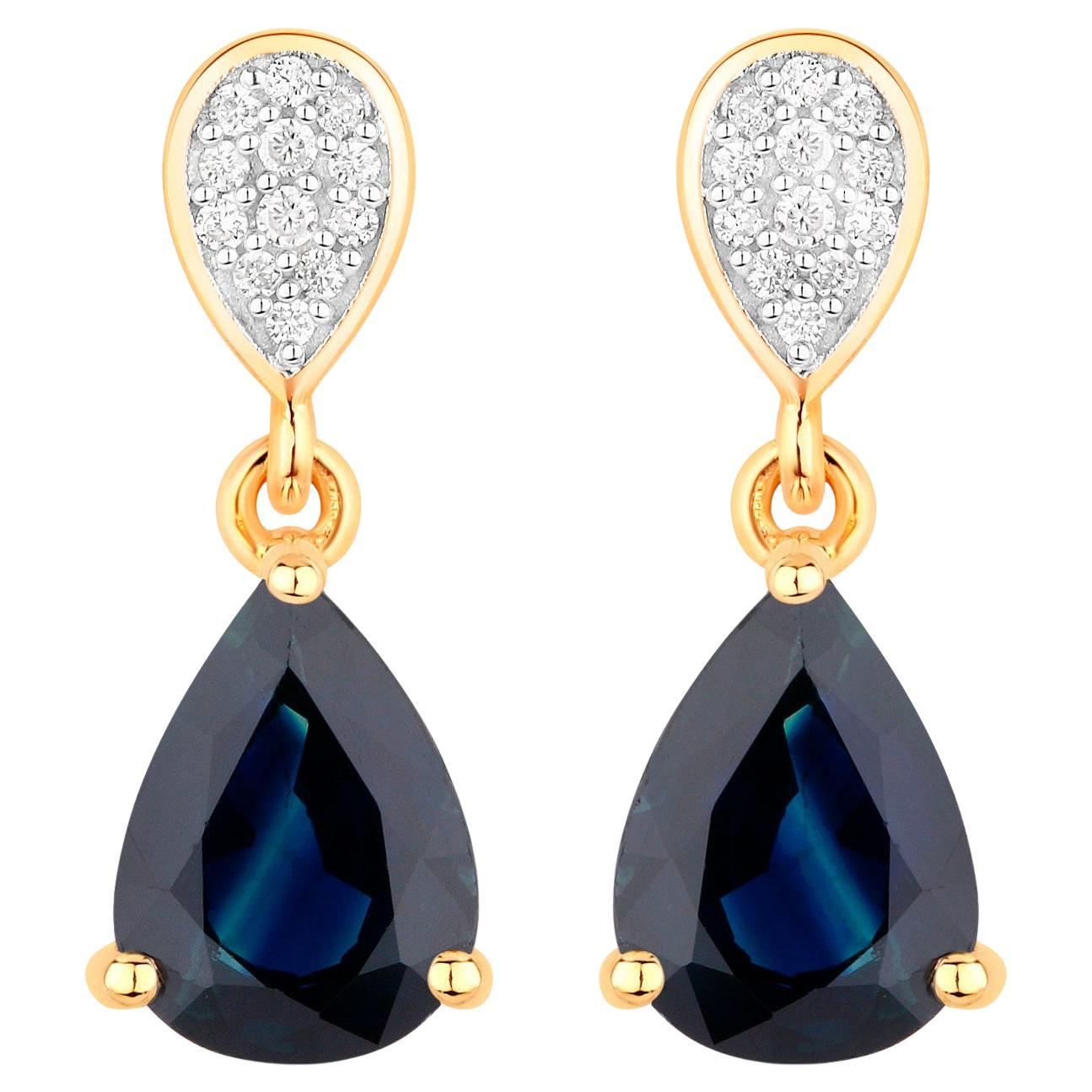 Blue Sapphire Teardrop Earrings Diamonds 2.7 Carats 14K Yellow Gold