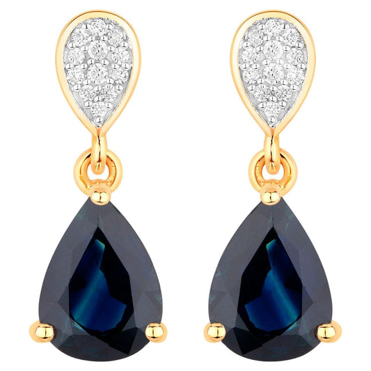 Blue Sapphire Teardrop Earrings Diamonds 2.7 Carats 14K Yellow Gold