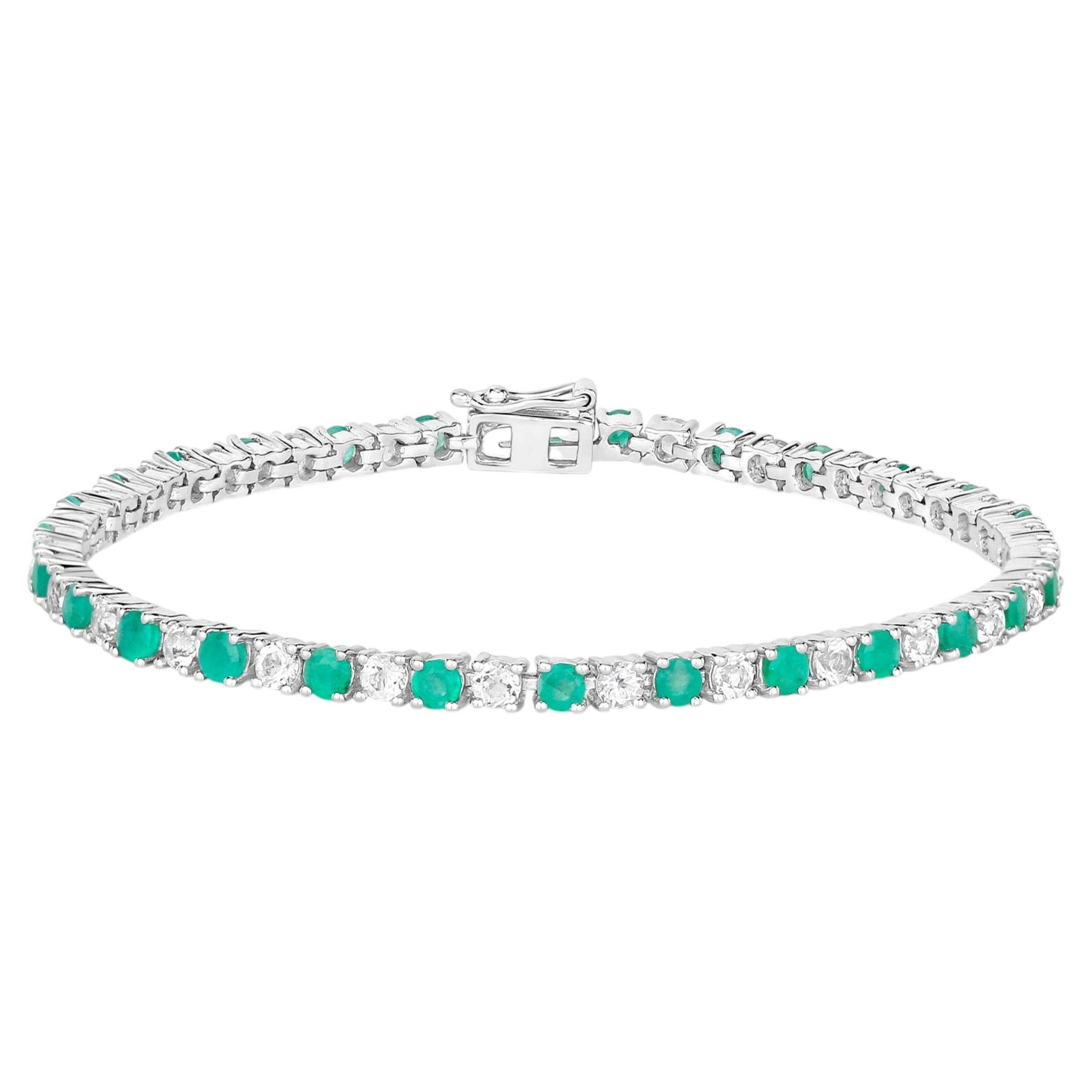 Emerald Tennis Bracelet With White Topaz 5.74 Carats Sterling Silver
