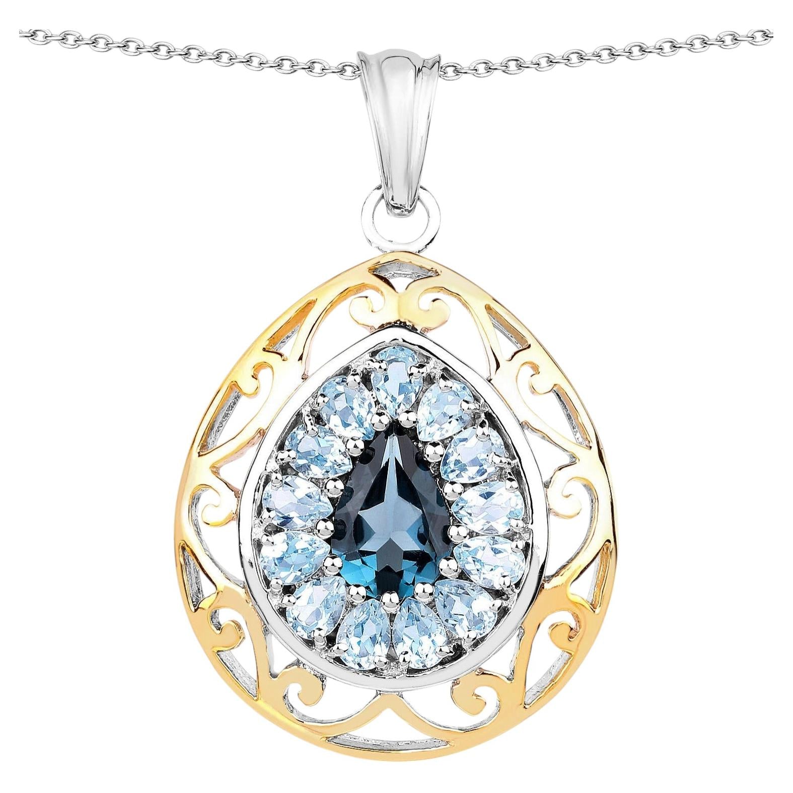 London Blue Topaz Pendant With Blue Topaz 4.4 Carats Gold Plated Silver