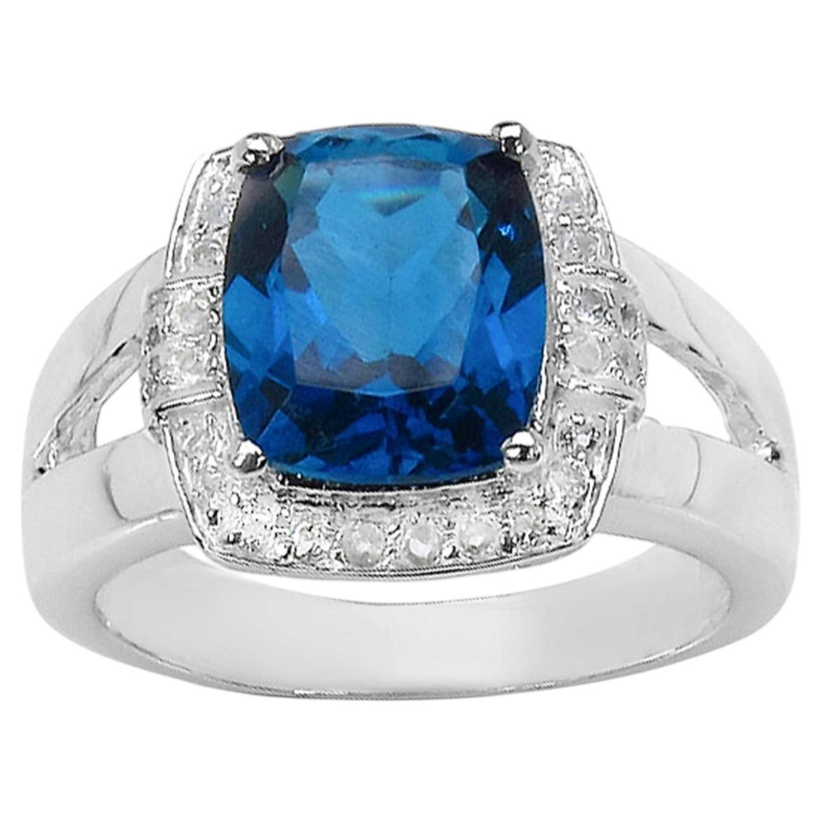 London Blue Topaz Ring With White Topaz 3.6 Carats Sterling Silver