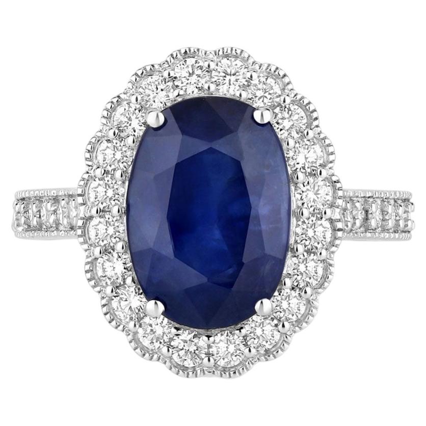 Blue Sapphire Ring With Diamonds 5.01 Carats 18K White Gold