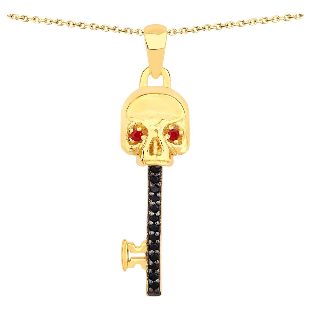 Ruby Skull Key Pendant With Black Spinel 0.1 Carats Gold Plated Silver