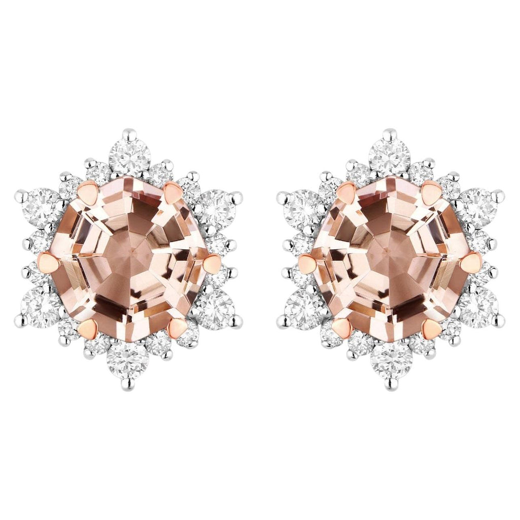 Morganite Stud Earrings With Diamonds 2.1 Carats 14K Rose Gold
