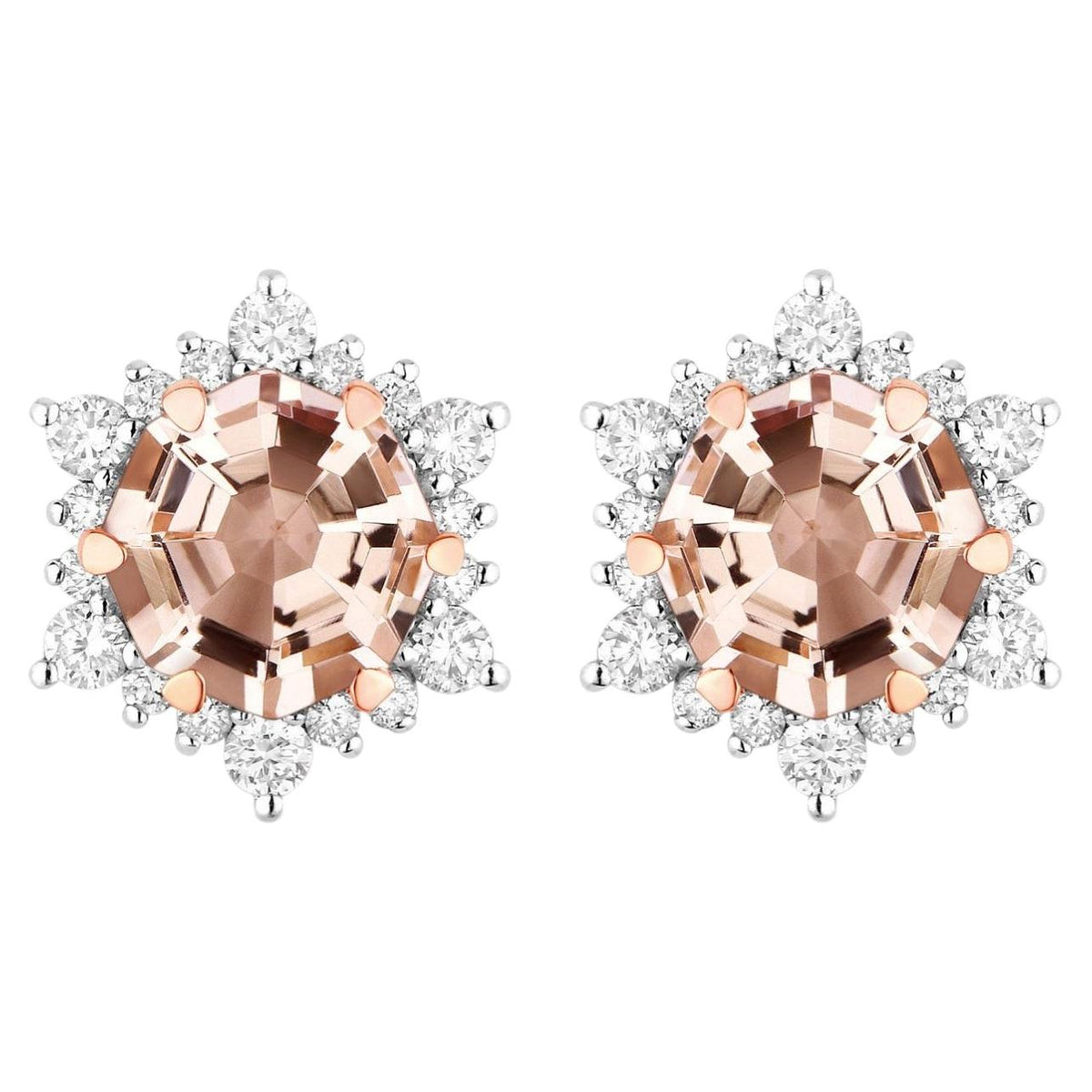 Morganite Stud Earrings With Diamonds 2.1 Carats 14K Rose Gold