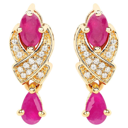 Ruby Dangle Earrings With Diamonds 1.06 Carats 14K Yellow Gold
