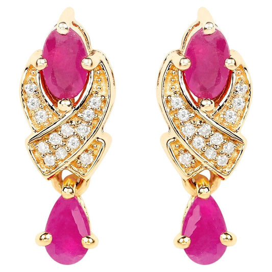 Ruby Dangle Earrings With Diamonds 1.06 Carats 14K Yellow Gold