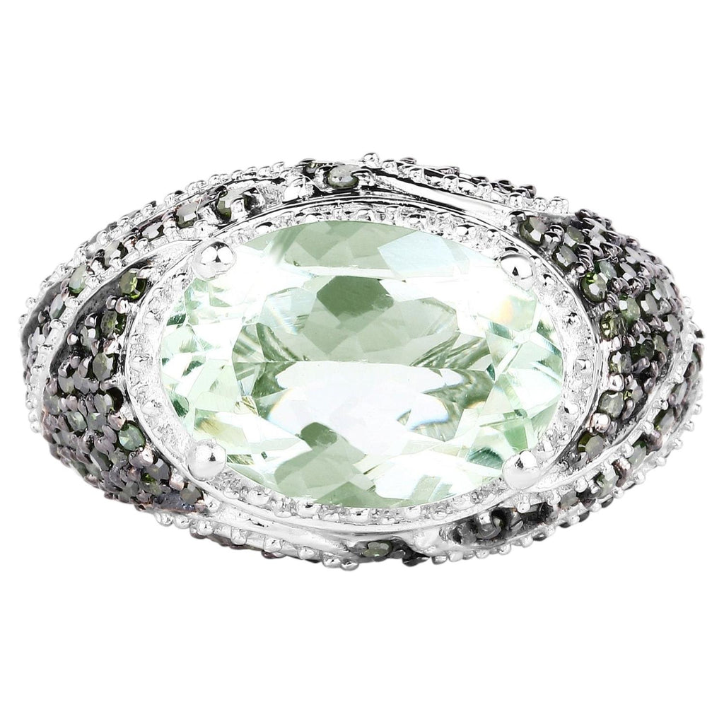 Green Amethyst Ring With Green Diamonds 5.94 Carats Sterling Silver