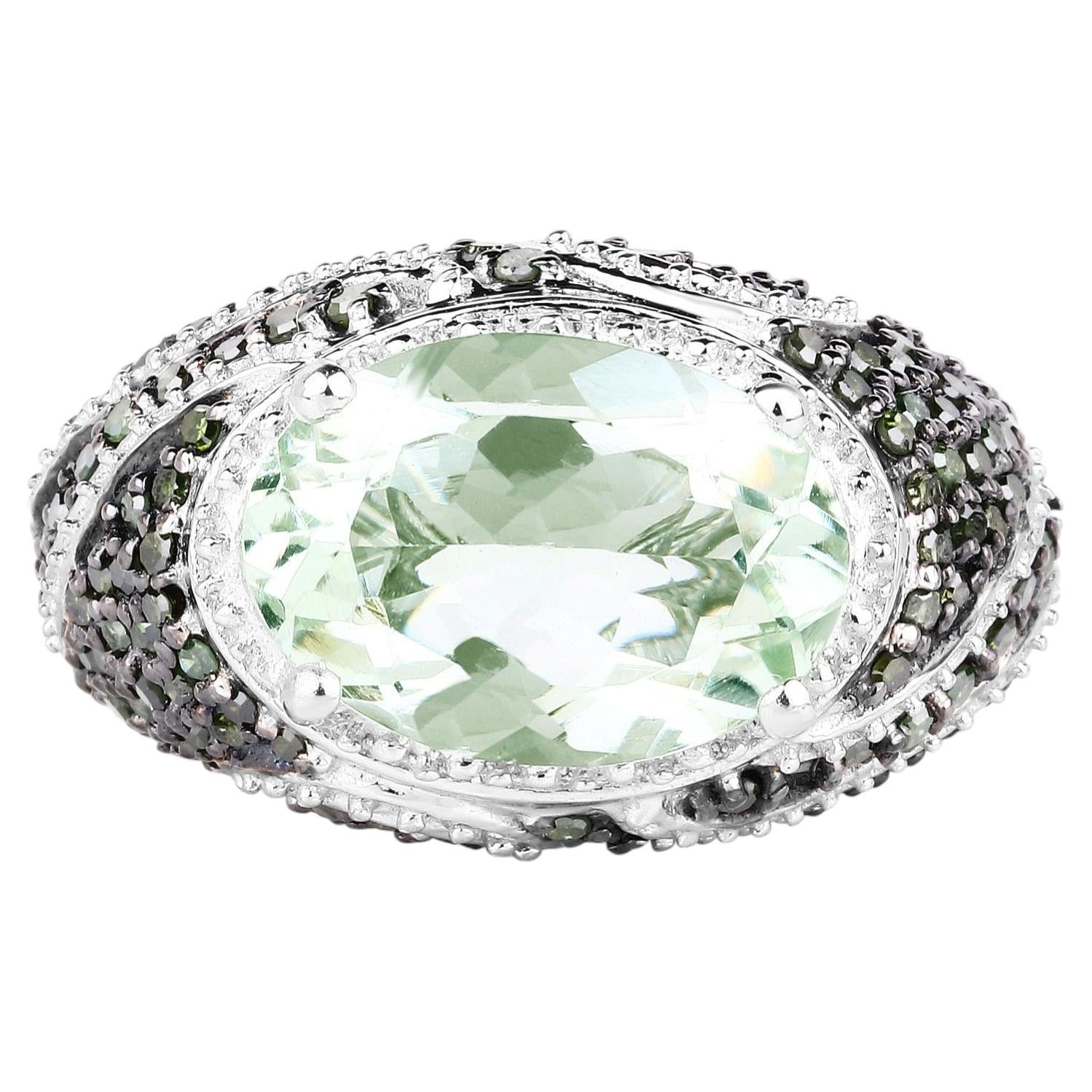 Green Amethyst Ring With Green Diamonds 5.94 Carats Sterling Silver