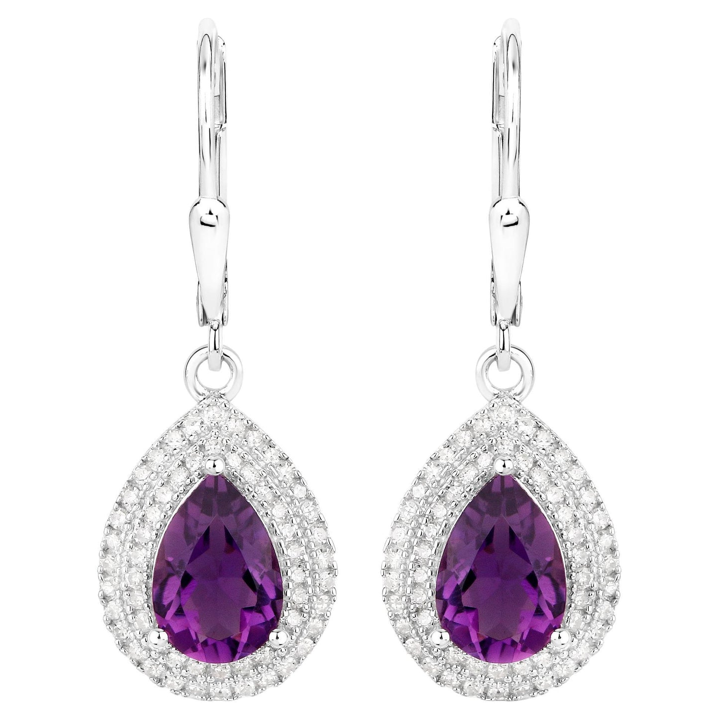 Natural Amethyst Dangle Earrings Diamond Halo  2.78 Carats