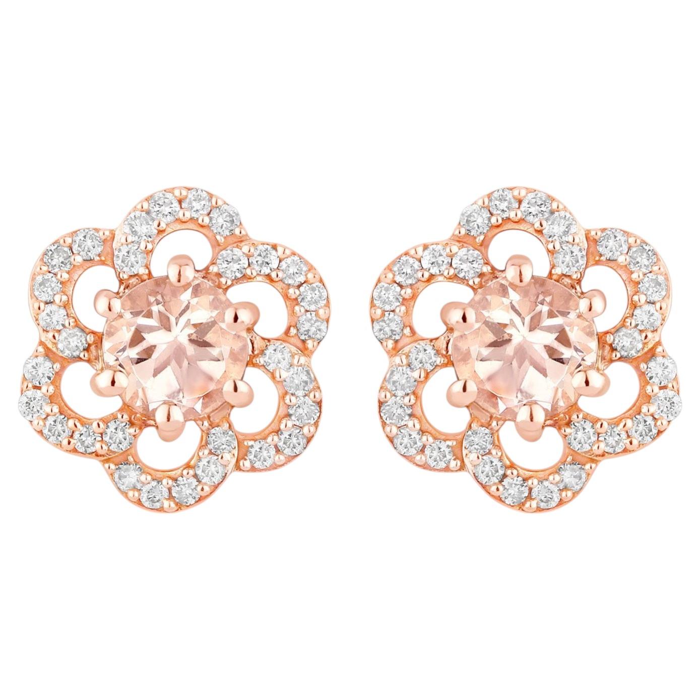 Morganite Stud Earrings With Diamonds 0.58 Carats 14K Rose Gold