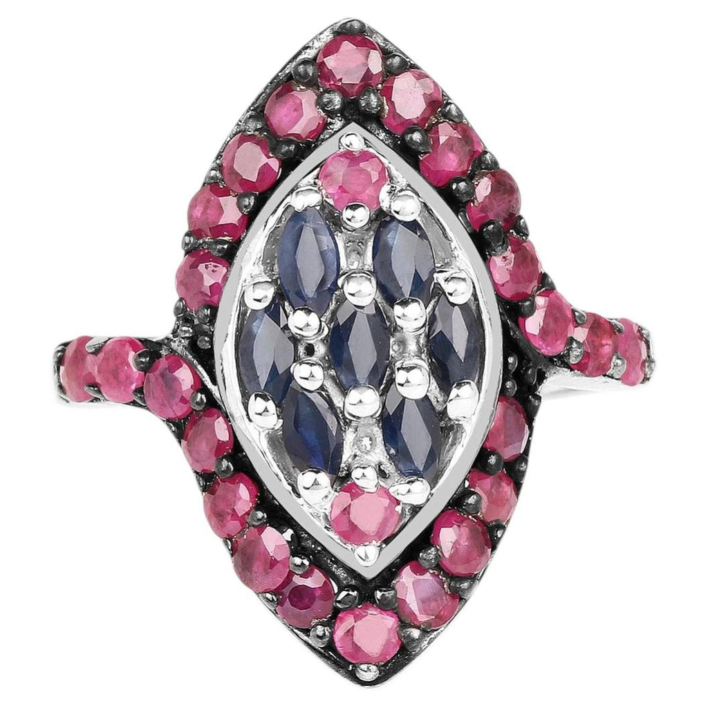 Blue Sapphire Ring With Ruby 1.74 Carats Sterling Silver