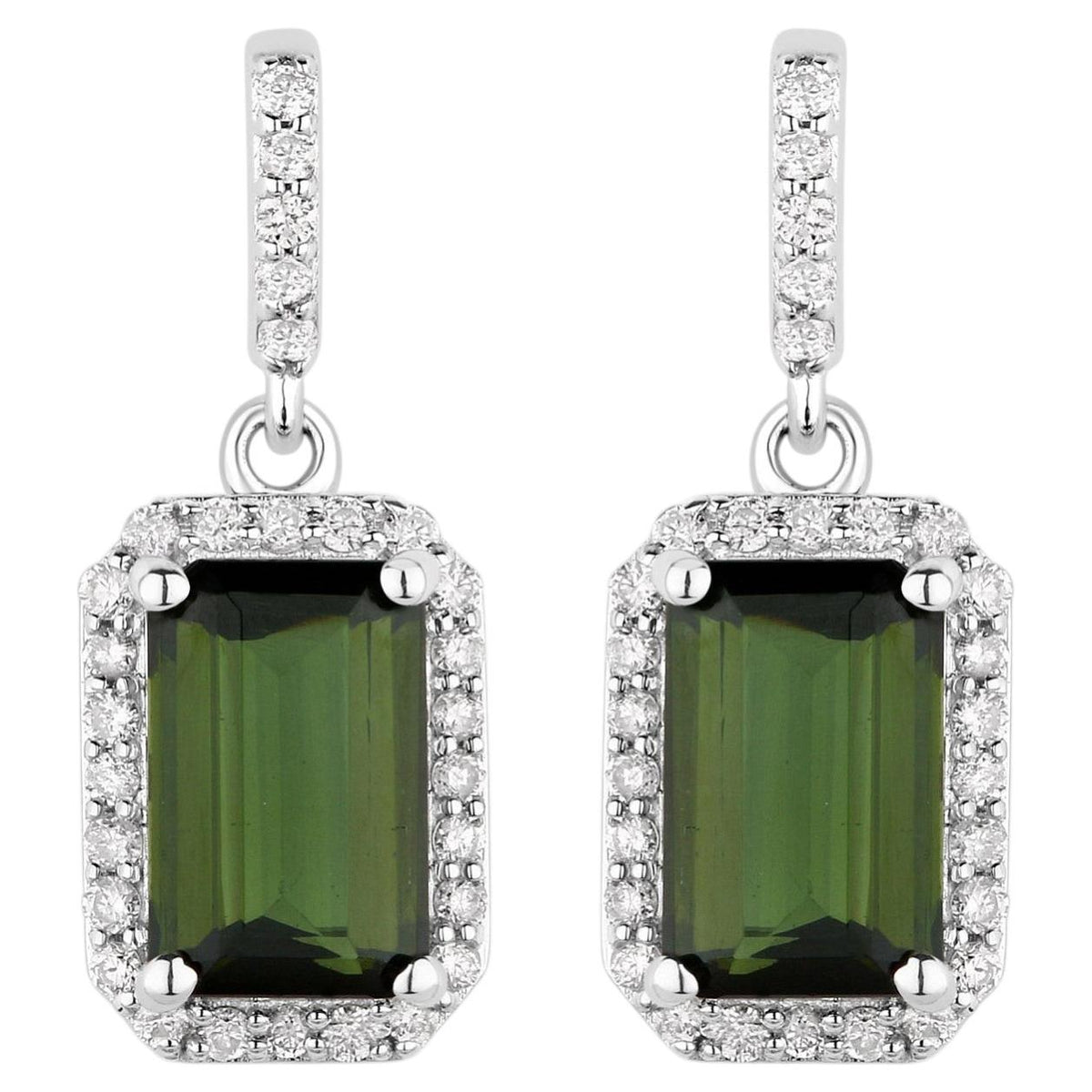 Green Tourmaline Earrings With Diamonds 2.72 Carats 14K White Gold