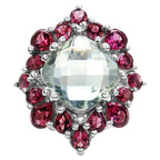 Green Amethyst Ring With Rhodolite Garnet 8.56 Carats Sterling Silver
