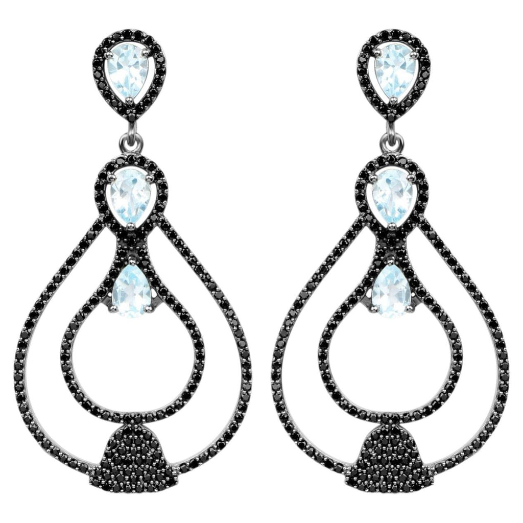 Blue Topaz Earrings With Black Spinel 8.78 Carats Sterling Silver
