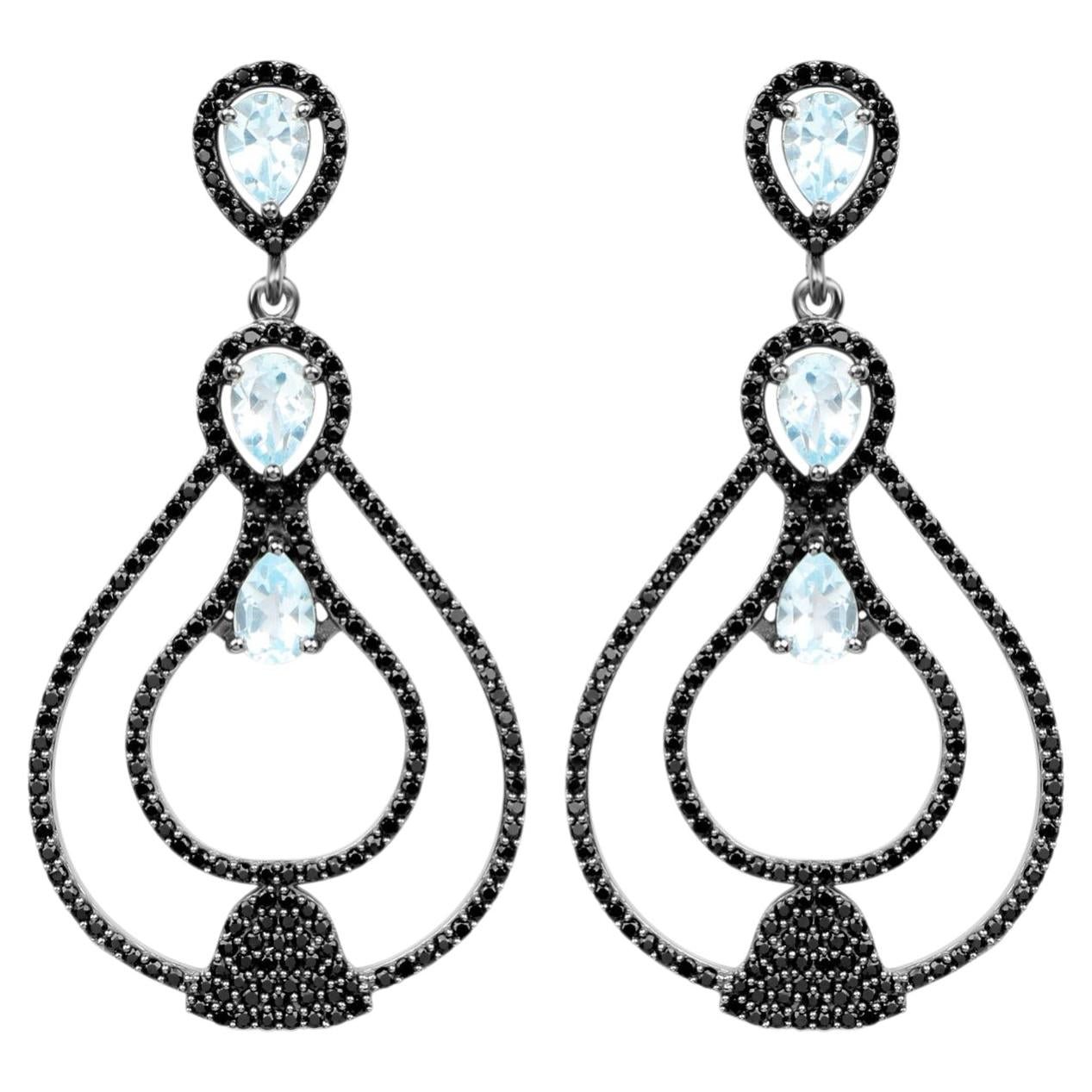 Blue Topaz Earrings With Black Spinel 8.78 Carats Sterling Silver