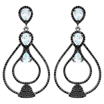 Blue Topaz Earrings With Black Spinel 8.78 Carats Sterling Silver