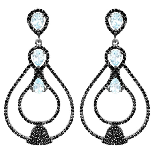 Blue Topaz Earrings With Black Spinel 8.78 Carats Sterling Silver