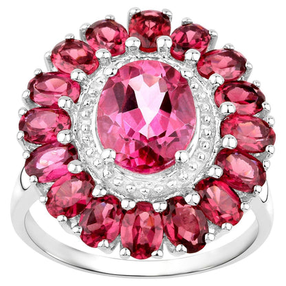Pink Topaz Flower Cocktail Ring Rhodolite Halo 5.5 Carats
