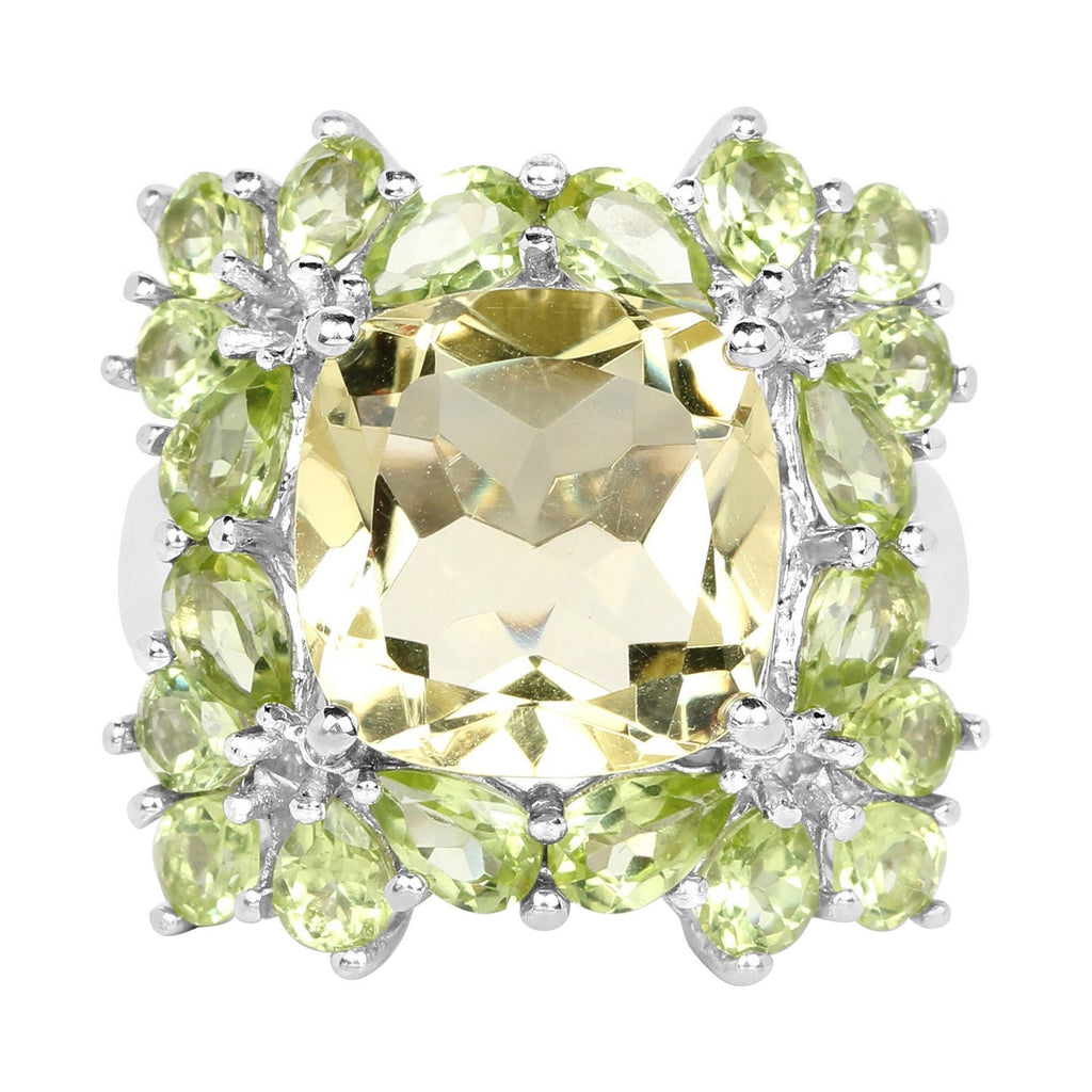 Lemon Quartz Ring With Peridot 9.32 Carats Sterling Silver