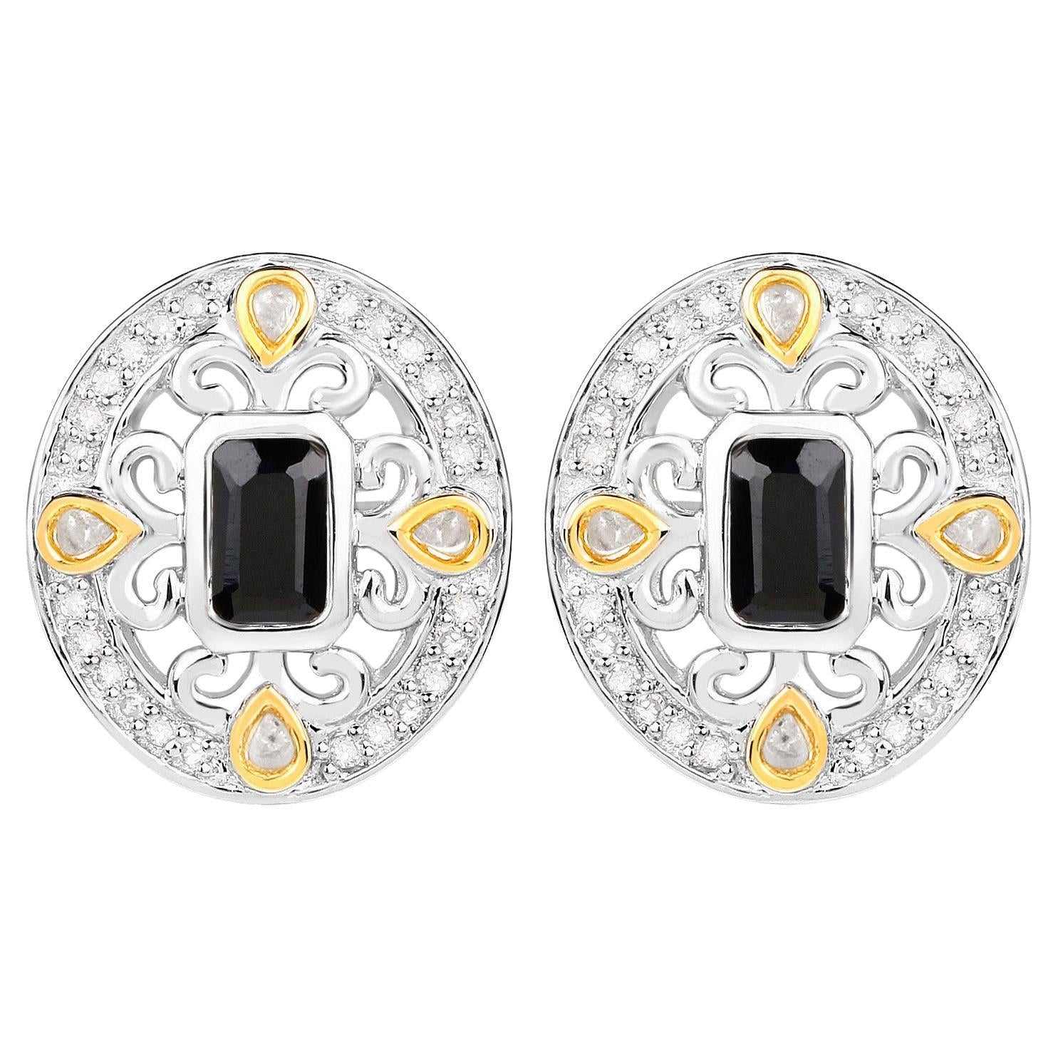 Blue Sapphire Earrings Diamonds 0.90 Carats 18K Yellow Gold Plated Silver