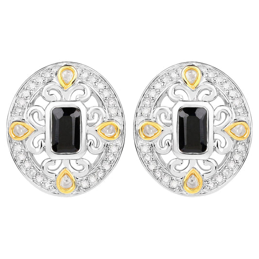 Blue Sapphire Earrings Diamonds 0.90 Carats 18K Yellow Gold Plated Silver