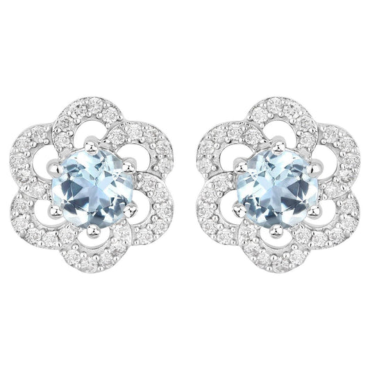 Aquamarine Earrings With Diamonds 0.58 Carats 14K White Gold