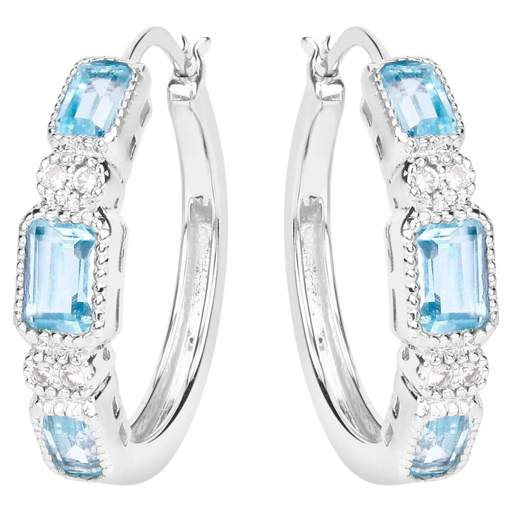 Blue Topaz Hoop Earrings With White Topaz 2.6 Carats Sterling Silver