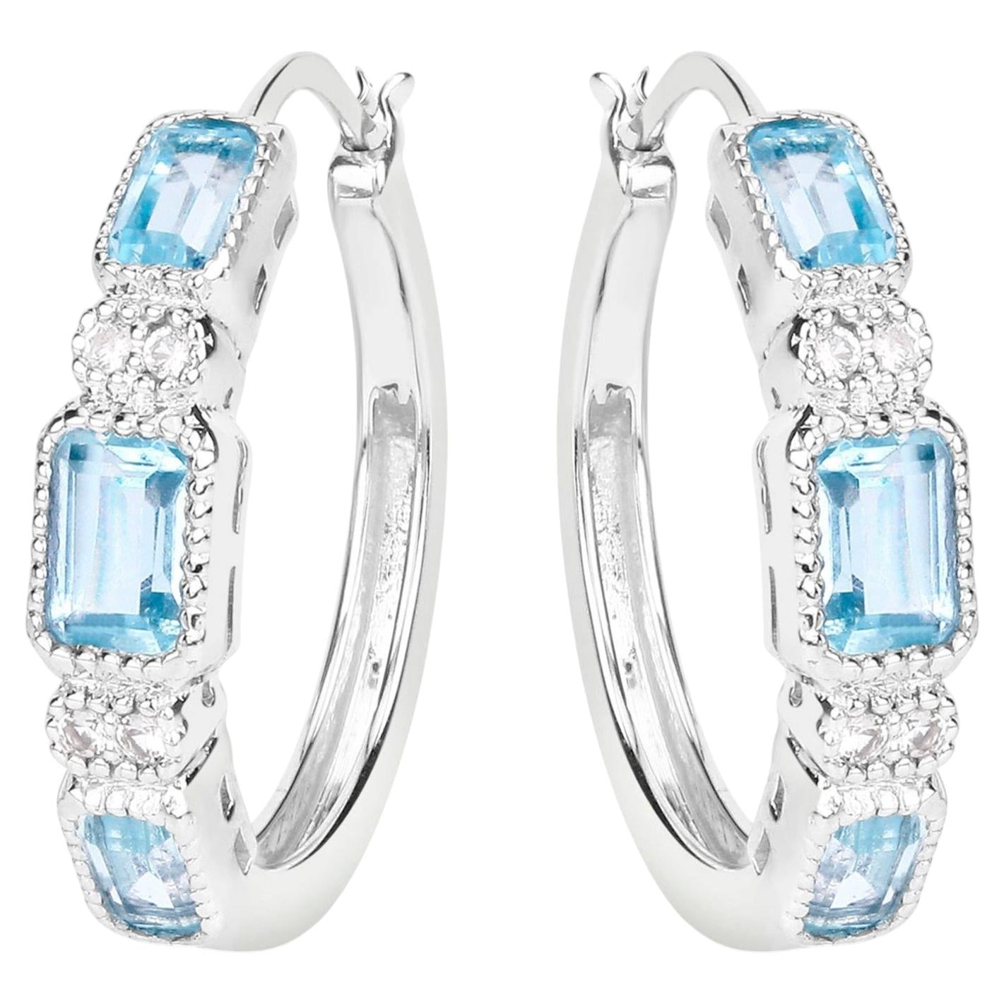 Blue Topaz Hoop Earrings With White Topaz 2.6 Carats Sterling Silver
