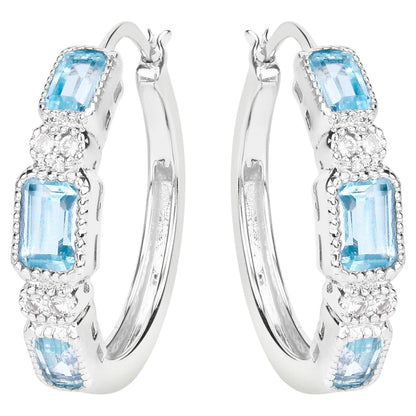 Blue Topaz Hoop Earrings With White Topaz 2.6 Carats Sterling Silver
