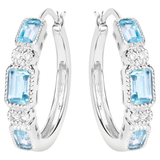 Blue Topaz Hoop Earrings With White Topaz 2.6 Carats Sterling Silver