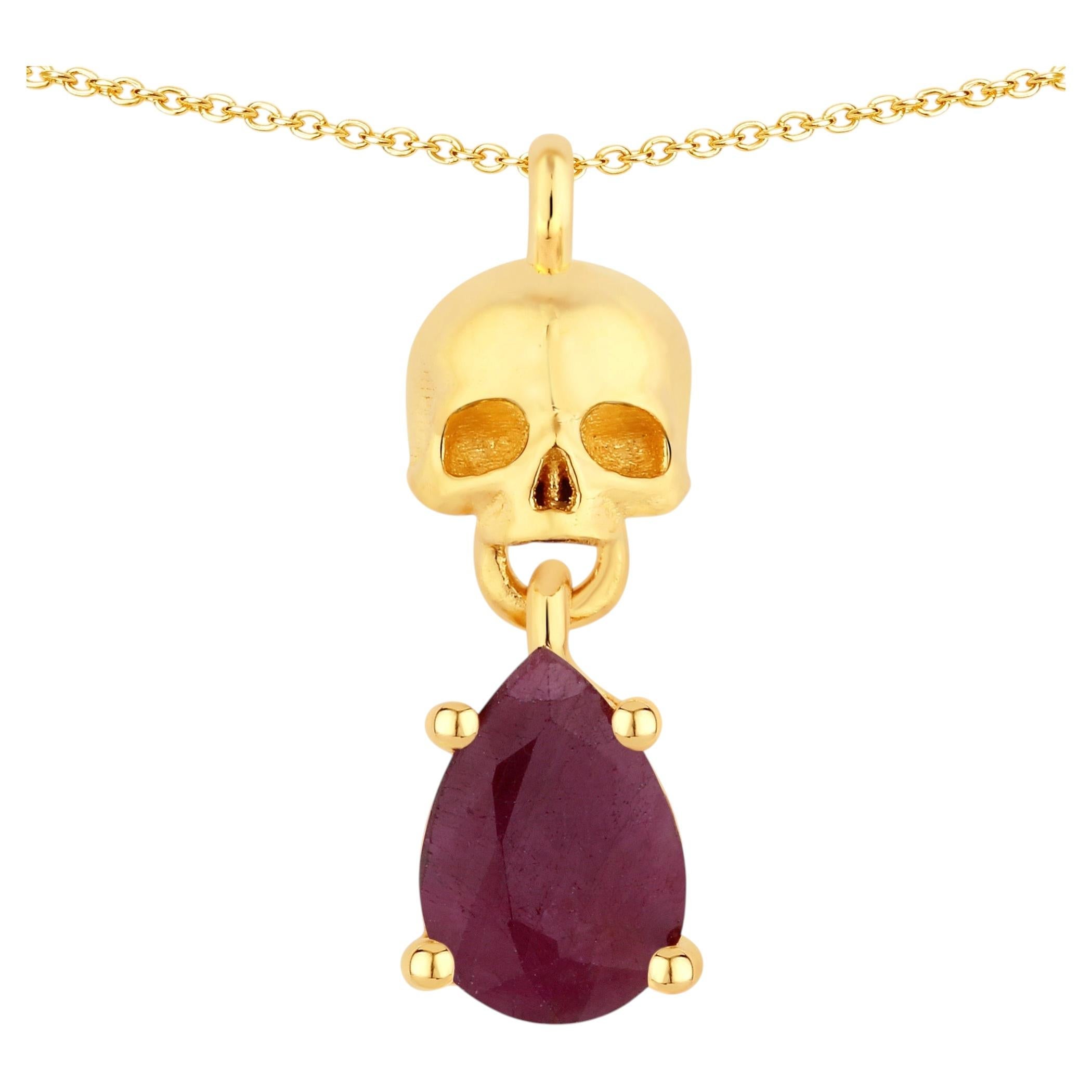 Ruby Skull Pendant 0.84 Carats Gold Plated Silver