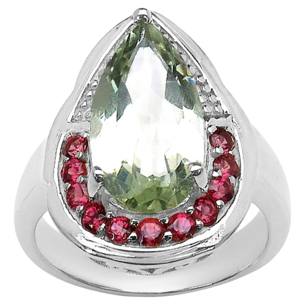 Green Amethyst Ring With Rhodolite Garnet 4.04 Carats Sterling Silver
