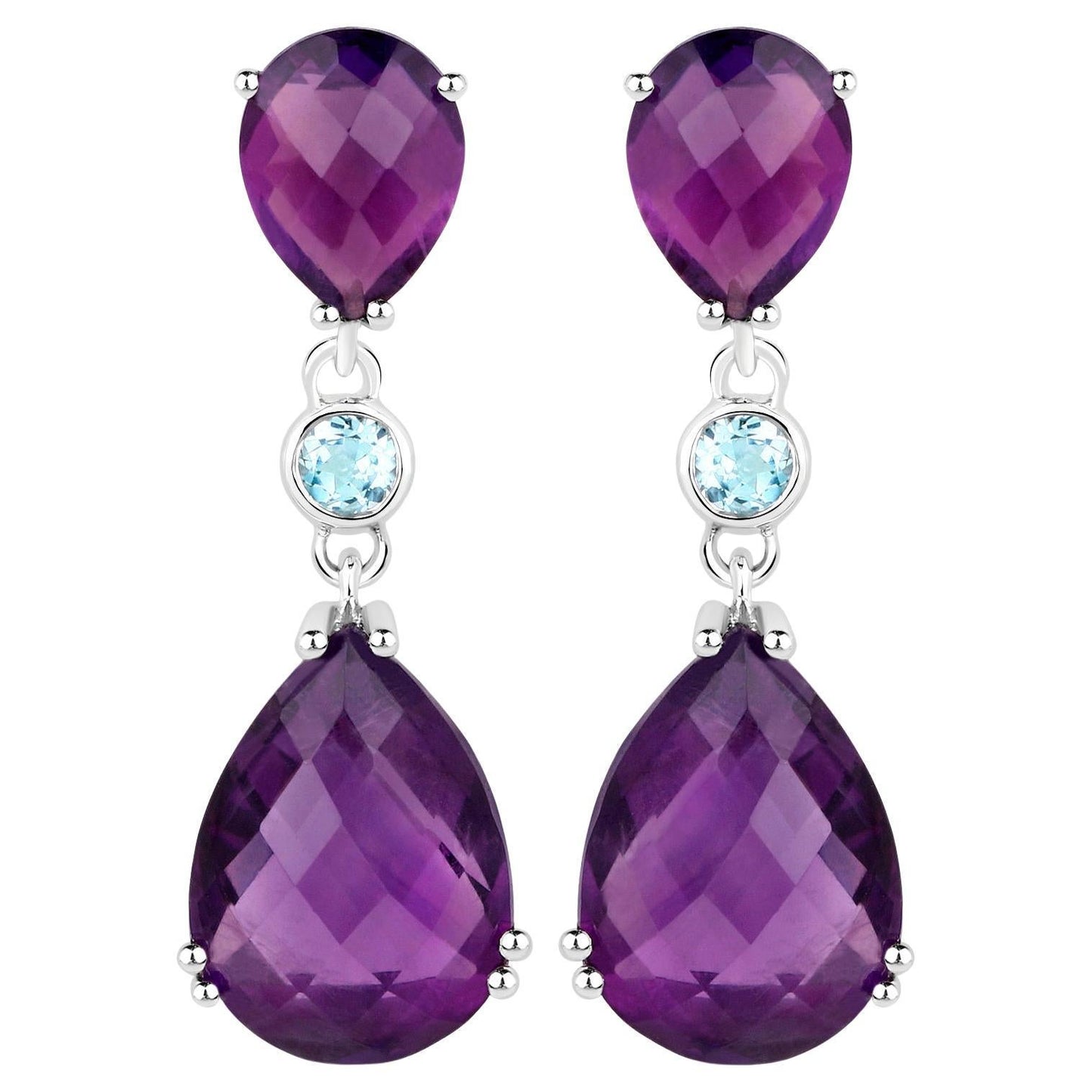 Rose Cut Amethyst Earrings Blue Topaz 11.8 Carats Sterling Silver