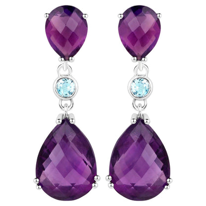Rose Cut Amethyst Earrings Blue Topaz 11.8 Carats Sterling Silver