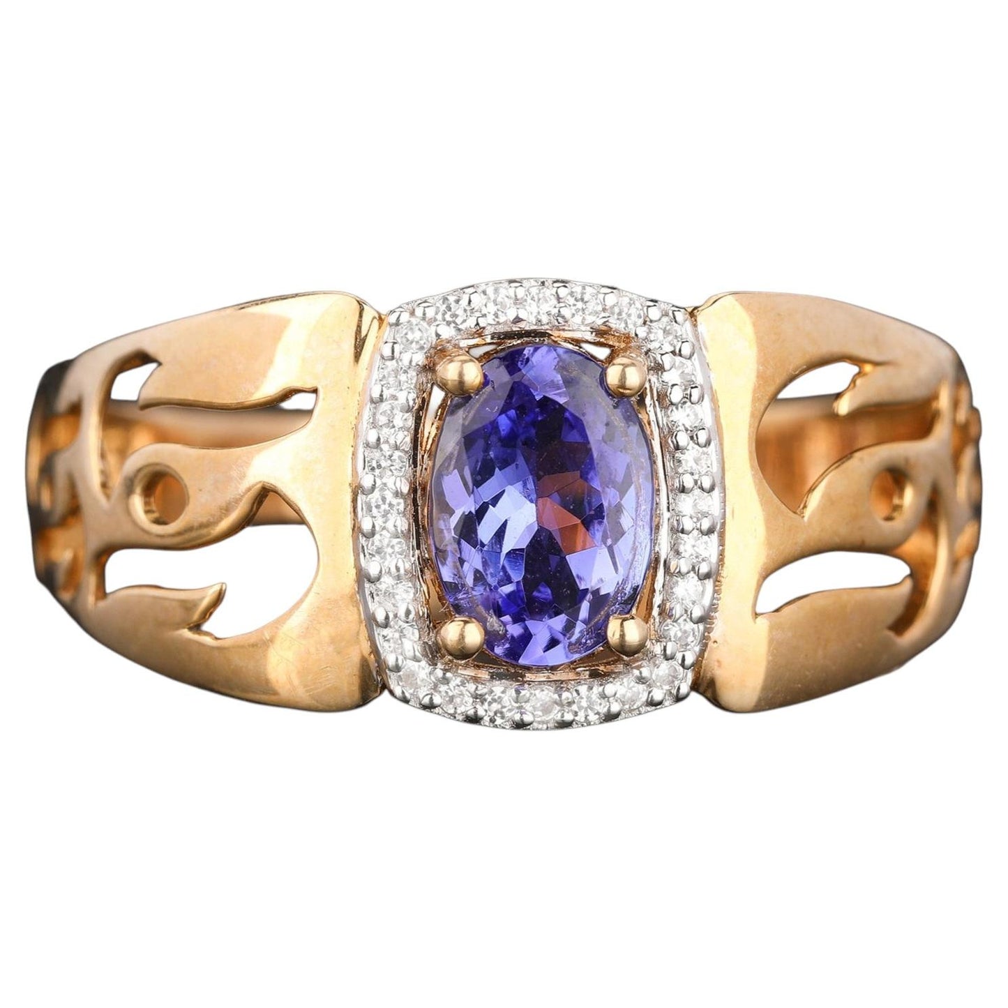 Natural Tanzanite Ring With White Zircon 0.89 Carats 9K Yellow Gold
