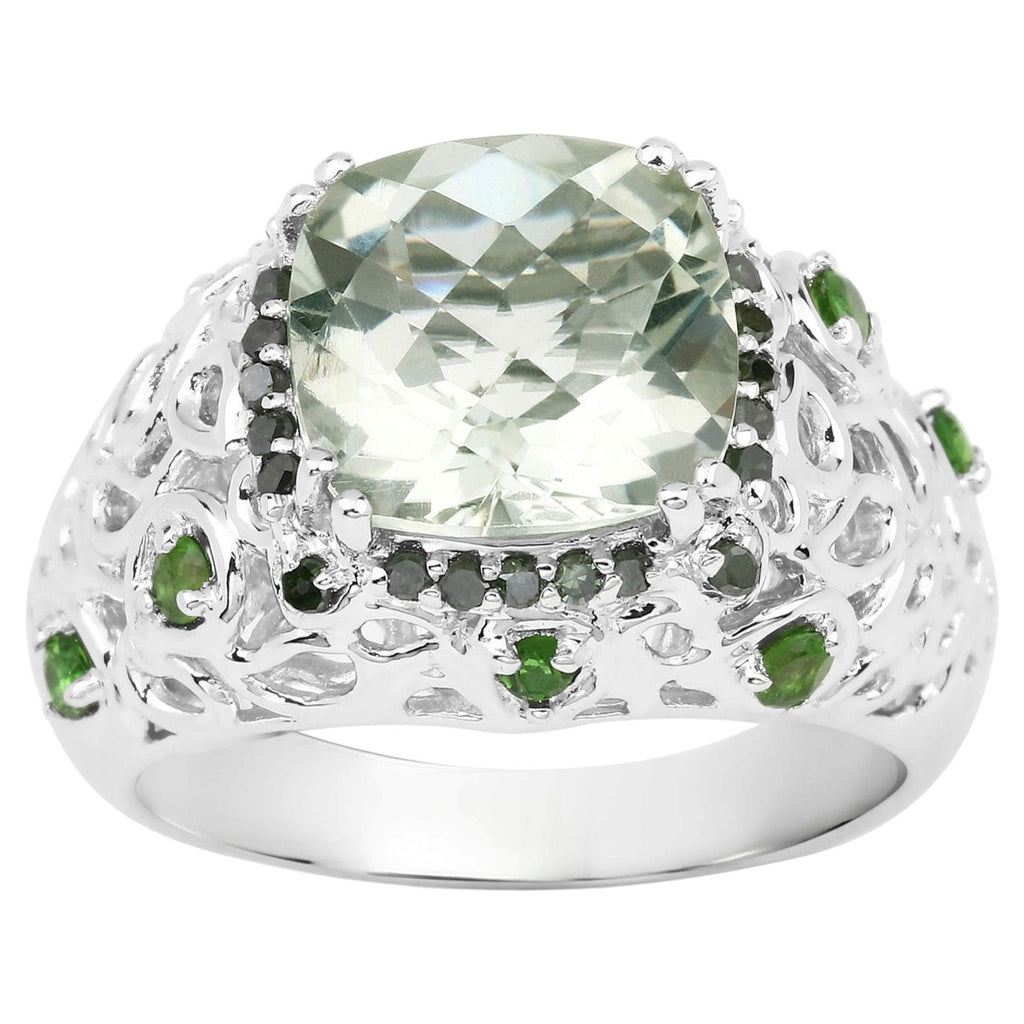 Green Amethyst Ring With Chrome Diopside 5.38 Carats Sterling Silver