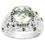 Green Amethyst Ring With Chrome Diopside 5.38 Carats Sterling Silver